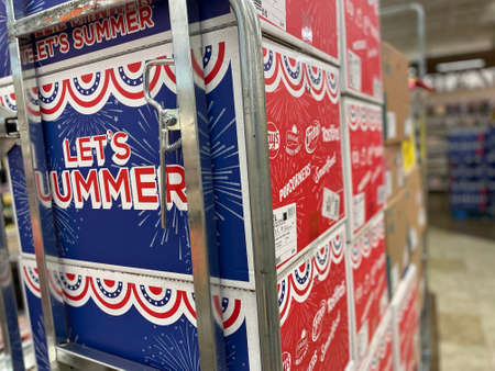 Grovetown, Ga USA - 05 28 22: Retail store Cart of boxed potato chips summer branding