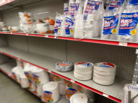 Augusta, Ga USA - 06 12 22: Family Dollar retail store interior paper plate section empty
