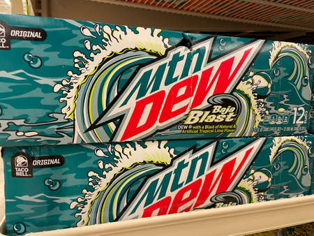 Grovetown, Ga USA - 06 14 22: Retail store MTN Dew Baja Blast green package side view