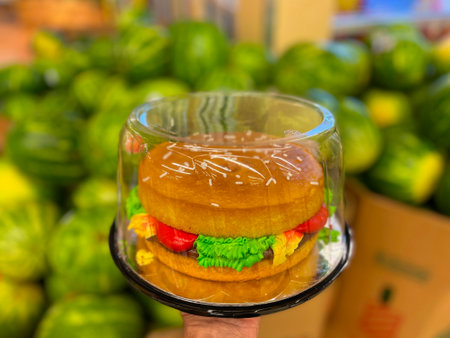 Hand holding a Hamburger cake and blurred watermelons in the backgroundの写真素材