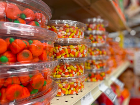Candy corn fall candy yellow and orange on a grocery store shelf display Georgia USAの写真素材
