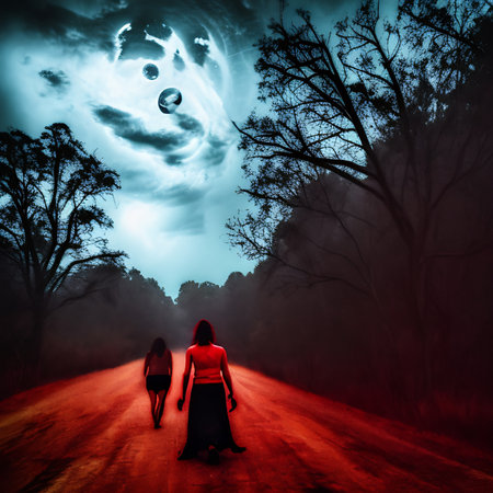 Creepy horror scene AI generated art people on dark red road abstractの素材