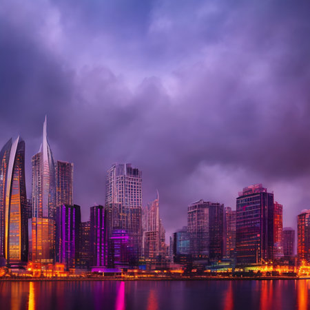 AI illustration Art magical Mysterious distant cityscape foggy misty futuristic reflection on water abstractの写真素材