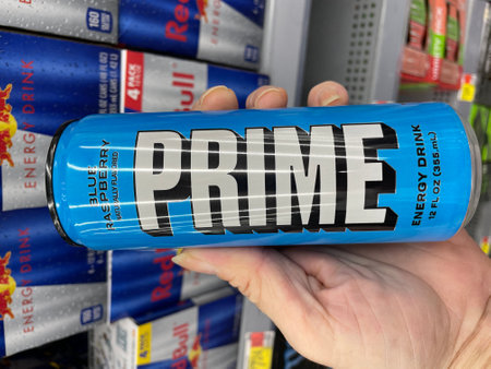 Grovetown, Ga USA - 08 06 23: Walmart grocery store Prime energy drink blue canのeditorial素材