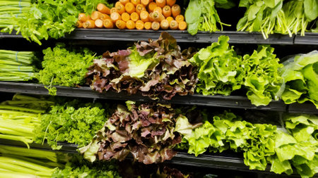 Greens on a produce wet wall carrots and lettuce produce backgroundsの写真素材