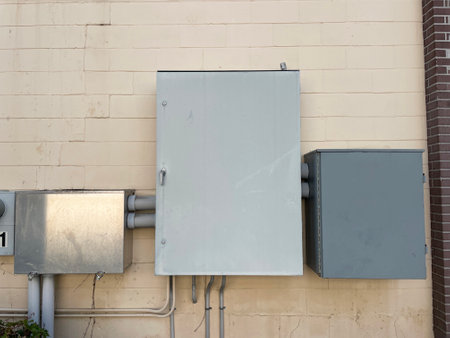 Utility electrical boxes attached to a wall metal on brick wall background