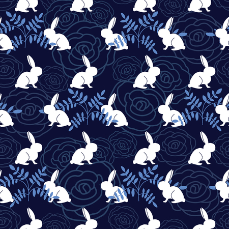 Seamless repeat pattern alternating bunnies on dark blue texture roses and vines. Great for fashion, fabric, paper, home decor and more.の写真素材