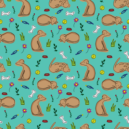 Doodle dog seamless repeat pattern on teal backgroundの写真素材