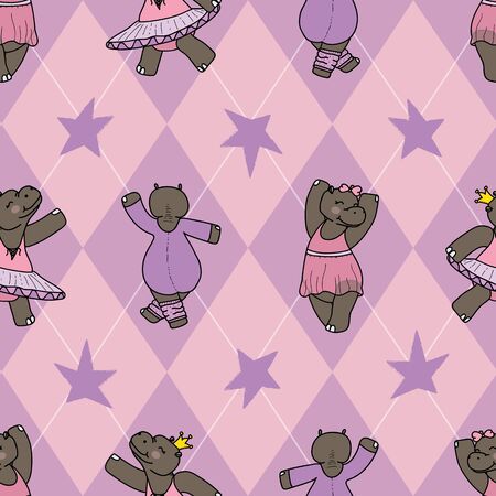 Delilah the dancing hippo seamless repeat pattern on an argyle background. Great for kids clothes, nursery room decore, wallpaper, and more.の写真素材