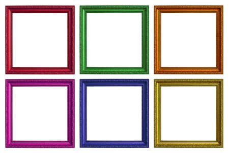 six empty picture frames and a white background
