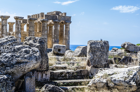 Mediterranean sea temple and remains of buildings in the archaeological site of selinunte sicilyの写真素材
