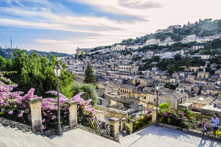 Panoramic of the city of Modica built on hillsのeditorial素材