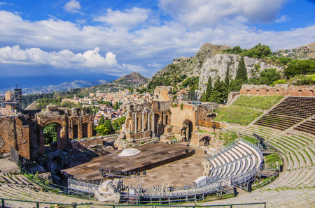 General view of the taormina theater the city of taormina and Sicilian territory backgroundのeditorial素材