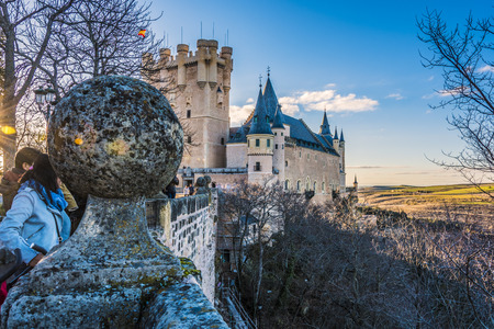View from the walls of Segovia of the towers of the Alcazar and the Castilian plains Spainのeditorial素材