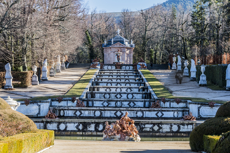 View of a large stepped fountain monuments and gardens of the Granja de San Ildefonso in the community of Segovia. Spainのeditorial素材