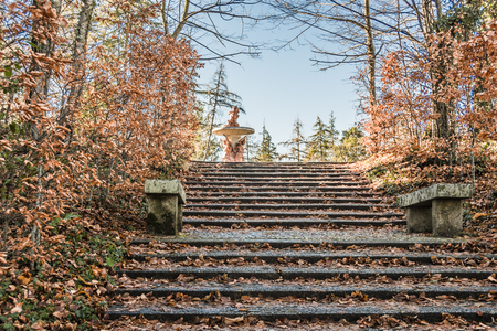 Detail of stairs benches and gardens a winter day in the farm of San Ildefonso Segovia Spainの写真素材
