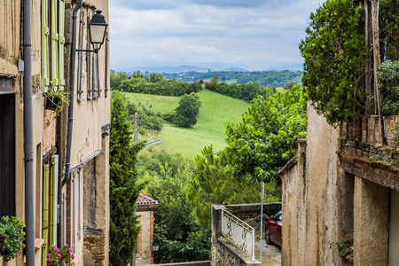 View of hills in the French countryside from the village of Saint Ybars. Midday Pyrenees. Franceの写真素材