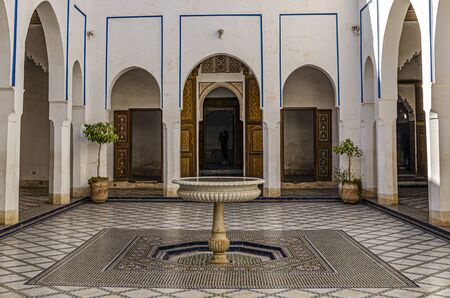 Main courtyard of typical Moroccan mansion with its fountain. marrakesh morocco