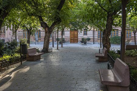 view of the tree-lined main square with its benches and in the background building of the city hall of the city of Mora. Toledo. Spainの写真素材