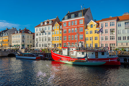 The old boats moored in Nhavn. Copenhagen Denmark.の写真素材