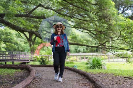 Kanchanaburi, Thailand-February 8, 2021: Unidentified woman walking outdoors and holding a transparent umbrella under a big tree  (Giant Monky Pod Tree) at summer vacation in Kanchanaburi, Thailandのeditorial素材