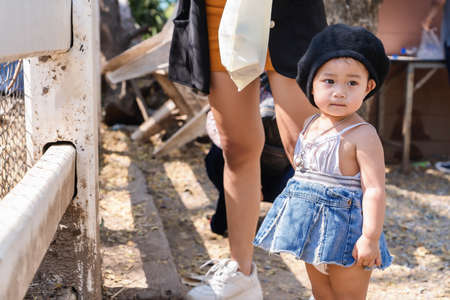 Adorable happy child girl standing and looking away in zoo at bright sunny. Asian tourist kid wearing black hat, white dress and jean skirt posing outdoors to traveling during epidemicの写真素材