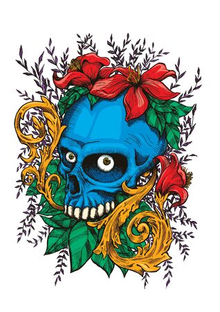Floral blue skull vintageのイラスト素材