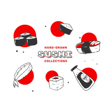 Hand drawn sushi illustration in black and red color.のイラスト素材