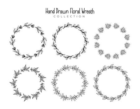 Set of 6 hand drawn floral wreath vector illustration. Template of flower wreath border.のイラスト素材