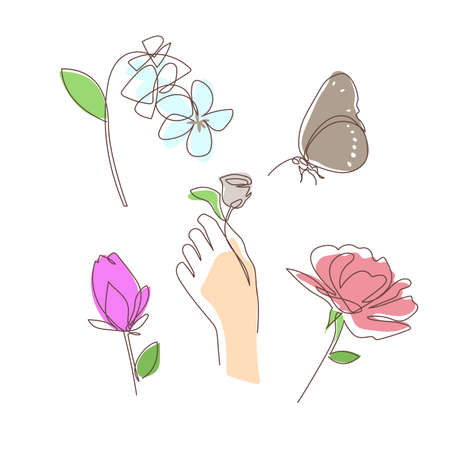 Set of mono line flower hand with butterfly vector illustrationのイラスト素材