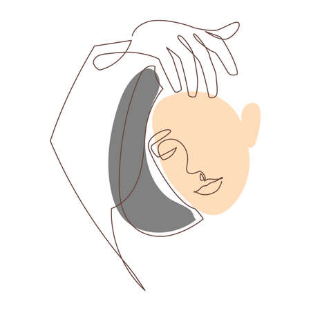 Women illustration holding her head in minimal monoline vectorのイラスト素材