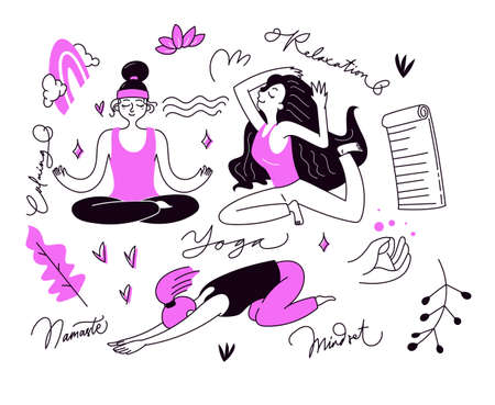 Hand-drawn yoga class doodle in vector illustration. Sport sketch line art set drawing.のイラスト素材