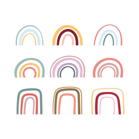 Set of 9 hand drawn colorful rainbow. Plain colorful rainbow. Cartoon rainbow doodle, graphic isolated collection.のイラスト素材