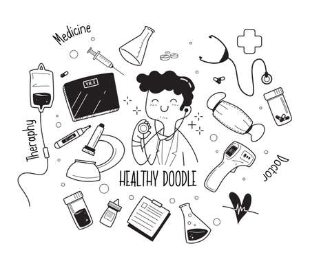 Hand drawn medicine icon set. Medical sketched collection. Healthcare, pharmacy doodle icons. Vector illustrations.のイラスト素材