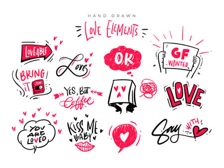 Set of hand drawn love element clipart vector illustration. Love lettering typography with illustration in vector.のイラスト素材