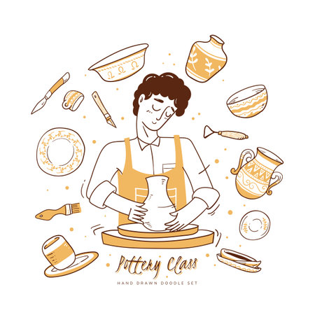 Clay Pottery Workshop Studio vector set.  Handmade traditional pottery making, hand drawn vector illustration doodle style.のイラスト素材