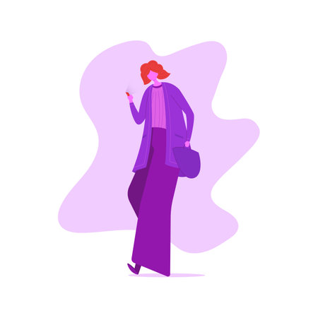 Stylish woman walking and holding shopping bag while looking to smart phoneのイラスト素材