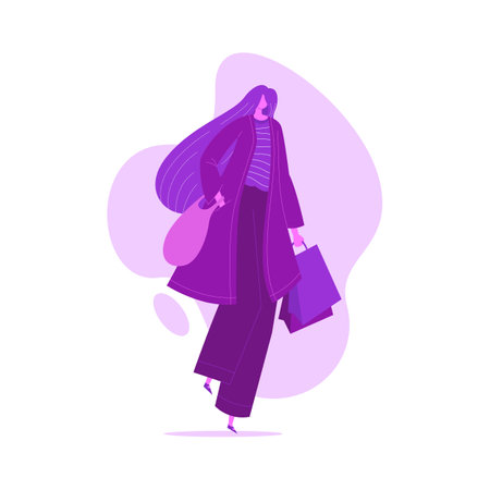 Stylish woman walking while holding shopping bagsのイラスト素材