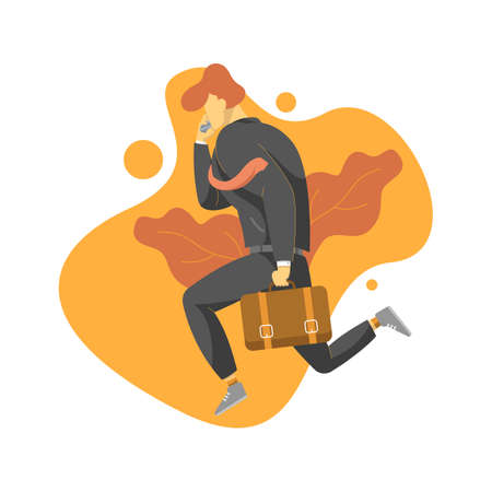 Businessman running while holding bag and phoneのイラスト素材