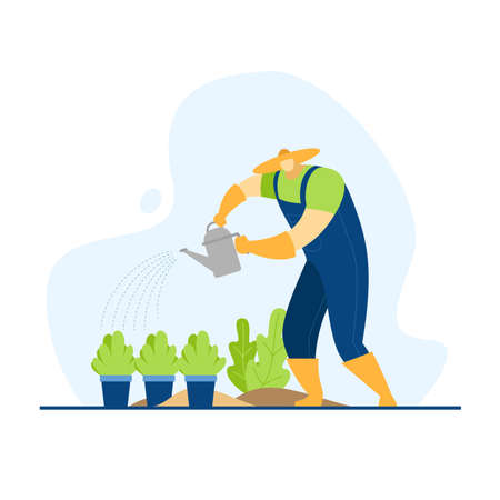 Farmer watering plants in pots in the gardenのイラスト素材