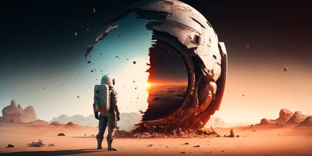 An astronaut standing in front of broken spaceship on deserted planet. Generative AI illustration.の素材