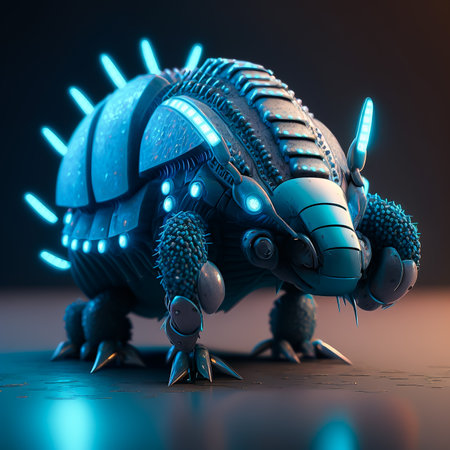 Futuristic armadillo cyborg fantasy creature with blue neon lights. Generative AI illustration.の素材