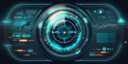 Futuristic HUD circle technology concept background. Circular virtual HUD element of data, storage, cloud computing and cyber security system. Generative AI illustration.の素材