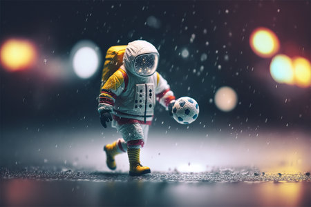 Astronaut playing soccer in rainy night. Tilt shift defocused photorealistic astronaut. Generative AI illustrationの素材