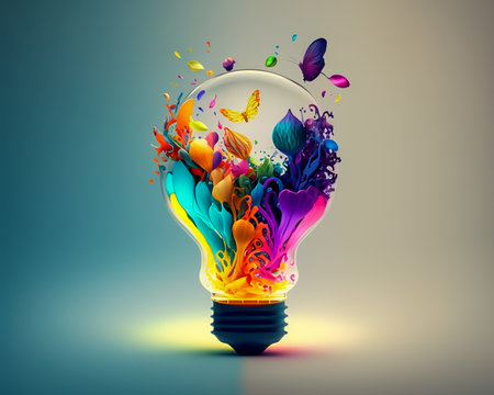 Light bulb filled with abstract colorful object. Creative idea concept. Generative AI illustration.の素材