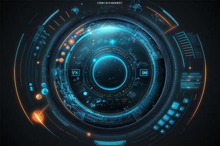 Futuristic HUD circle technology concept background. Circular virtual HUD element of data, storage, cloud computing and cyber security system. Generative AI illustration.の素材