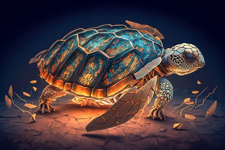 White turtle with glowing body parts walking underwater. Generative AI illustration.の素材