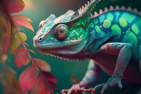 Close up portrait of colorful vibrant chameleon on tree branch with defocused environment background. Generative AI illustration.の素材