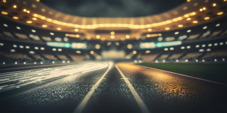 Football stadium on rainy night. Tilt shift defocused photo of soccer stadium background. Generative AI illustration.の素材