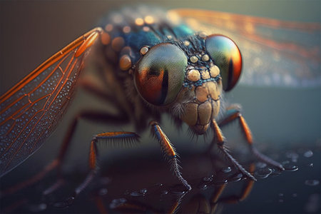 Macro close up of dragonfly isolated by rough defocused surface environment. Generative AI illustration.の素材